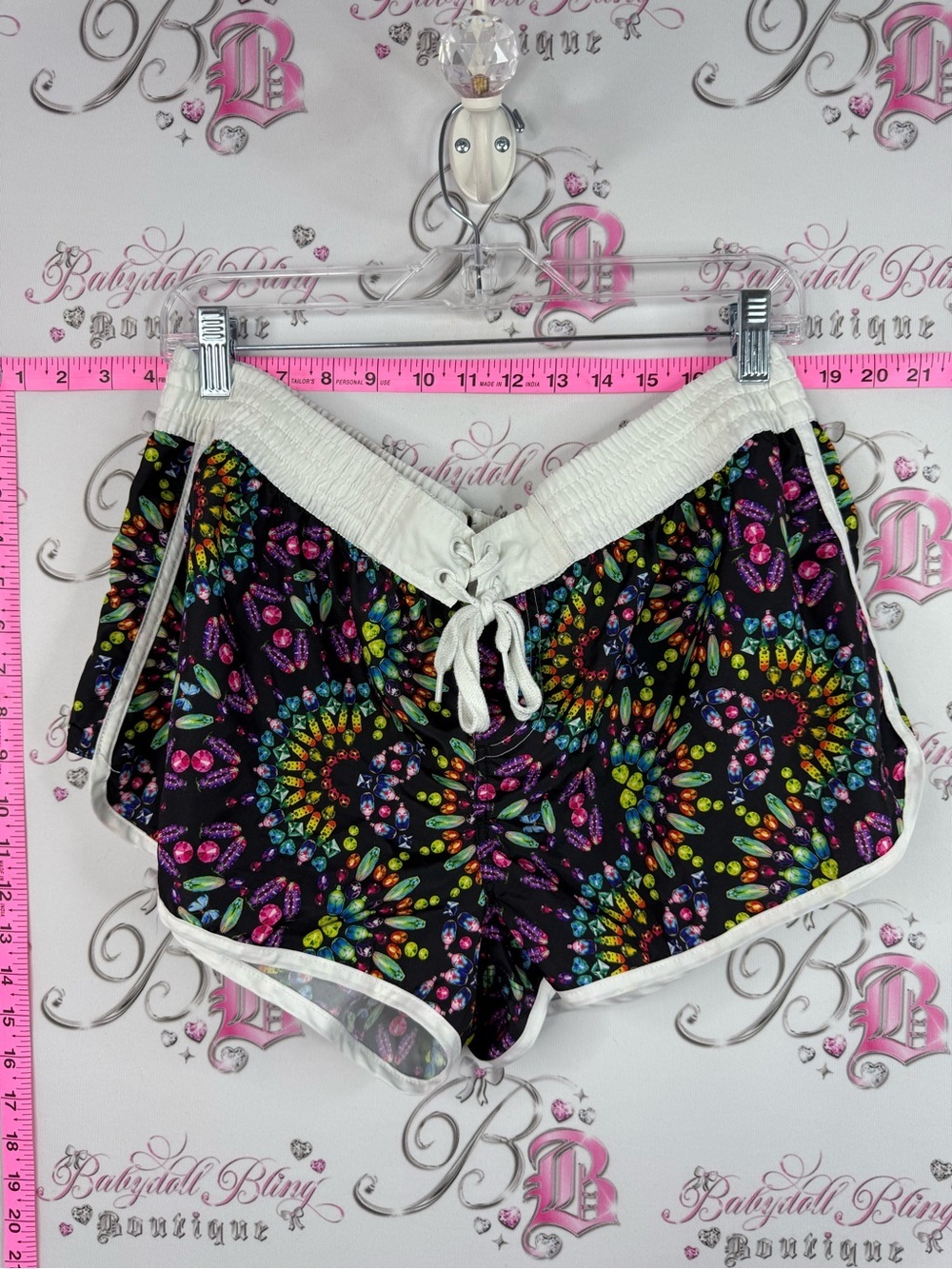 OP y2k shorts Black Shorts with Multicolor Gem Spiral Print and White Trim